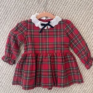 Trotters Red Tartan Dress with Lace and Bow